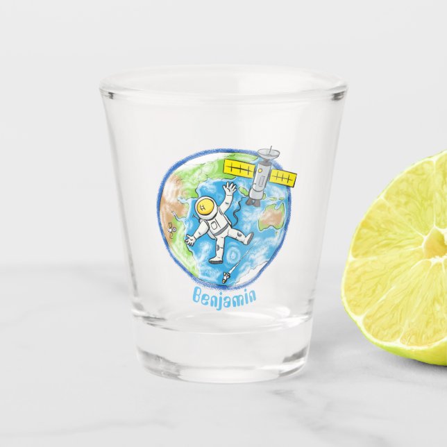 Funny astronaut in space and earth cartoon shot glass (Front)