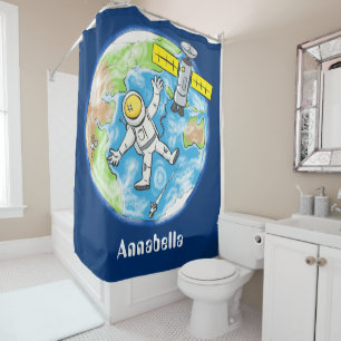 Funny astronaut in space and earth cartoon shower curtain