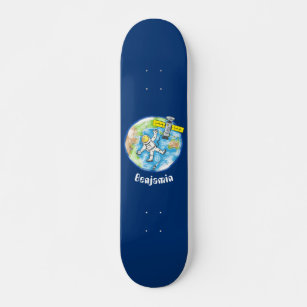 Funny astronaut in space and earth cartoon skateboard