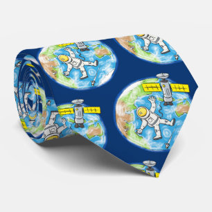 Funny astronaut in space and earth cartoon tie