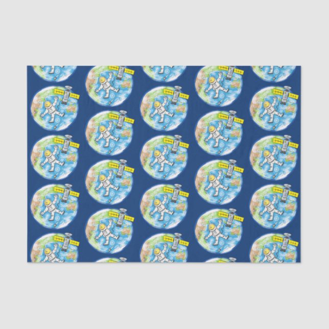 Funny astronaut in space and earth cartoon tissue paper (Front)