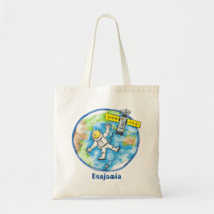 Funny astronaut in space and earth cartoon tote bag