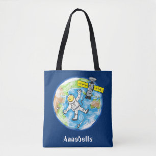 Funny astronaut in space and earth cartoon tote bag