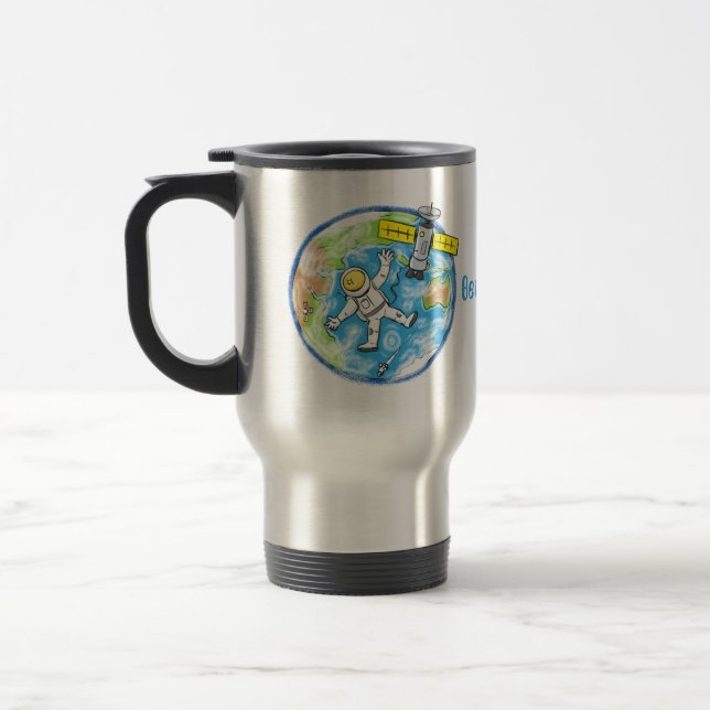 Funny astronaut in space and earth cartoon travel mug (Left)