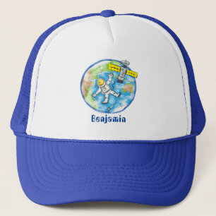 Funny astronaut in space and earth cartoon trucker hat