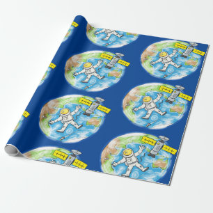 Funny astronaut in space cartoon illustration wrapping paper