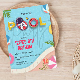 Funny Astronaut Pool Party Birthday Invitation