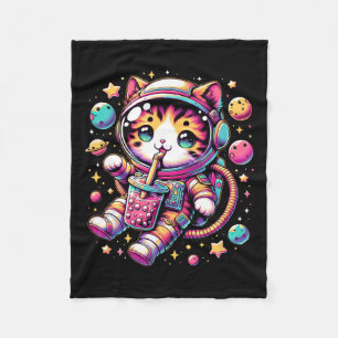Funny Astronaut Space Kawaii Boba Tea Cat Fleece Blanket