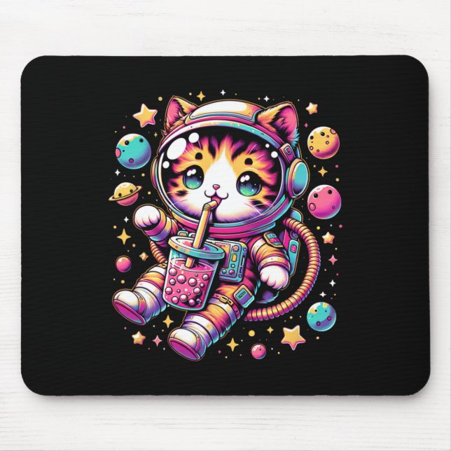 Funny Astronaut Space Kawaii Boba Tea Cat  Mouse Mat (Front)