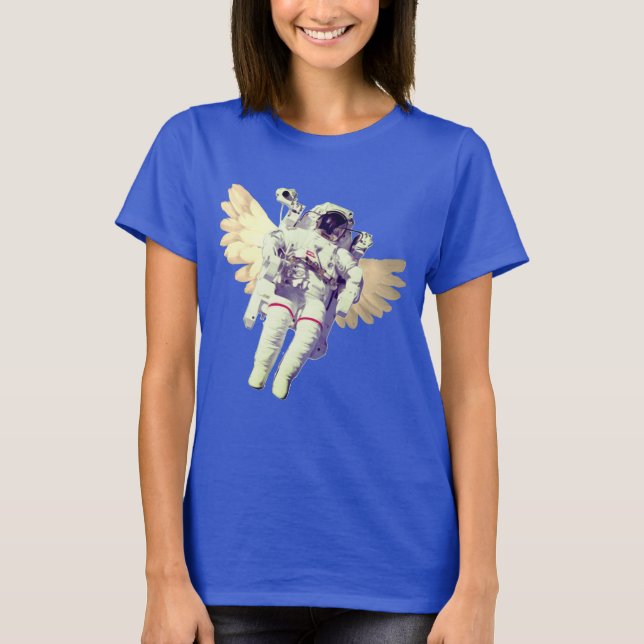 Funny Astronaut with Angel Wings in Space T-Shirt (Front)