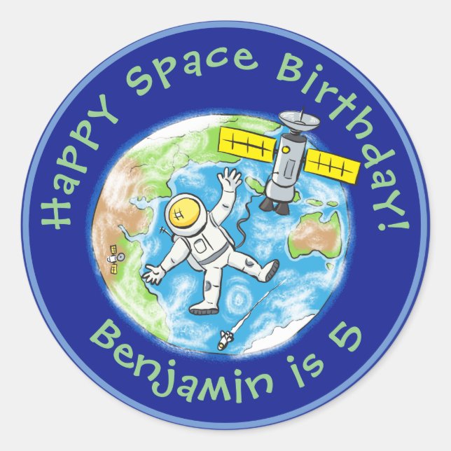 Funny astronaut with satellite over earth cartoon classic round sticker (Front)
