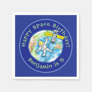 Funny astronaut with satellite over earth cartoon napkin