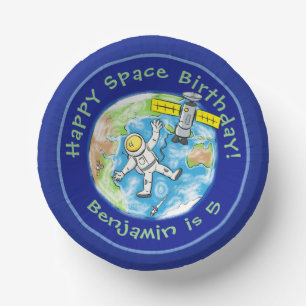 Funny astronaut with satellite over earth cartoon paper plate
