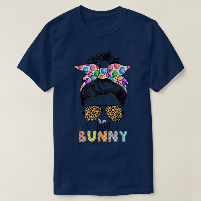 Funny Aunt Bunny Leopard Messy Bun Happy Easter Da T-Shirt (Design Front)