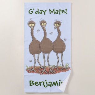 Funny Australian emu trio cartoon illustration Beach Towel
