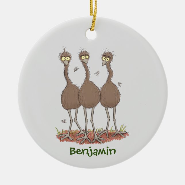 Funny Australian emu trio cartoon illustration Ceramic Tree Decoration (Front)