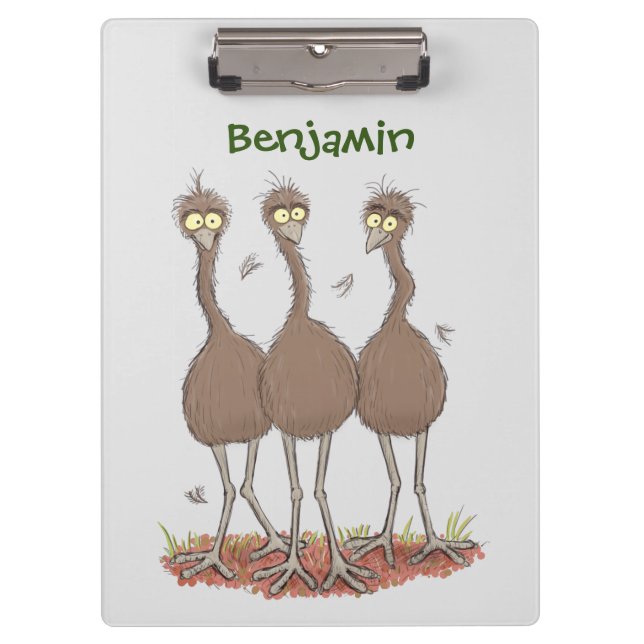 Funny Australian emu trio cartoon illustration Clipboard (Front)