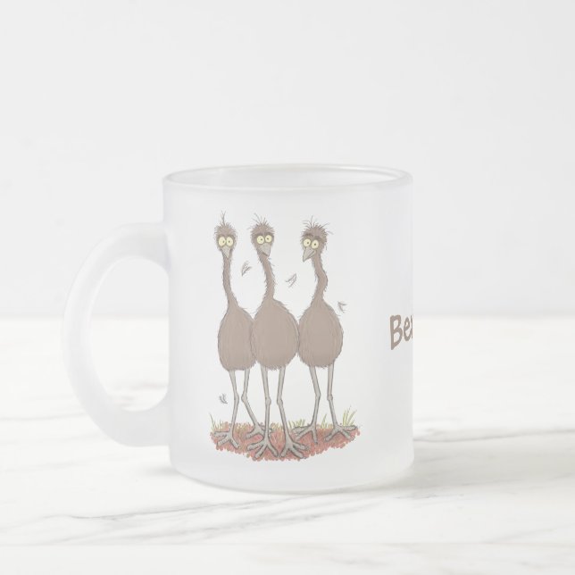 Funny Australian emu trio cartoon illustration Frosted Glass Coffee Mug (Left)