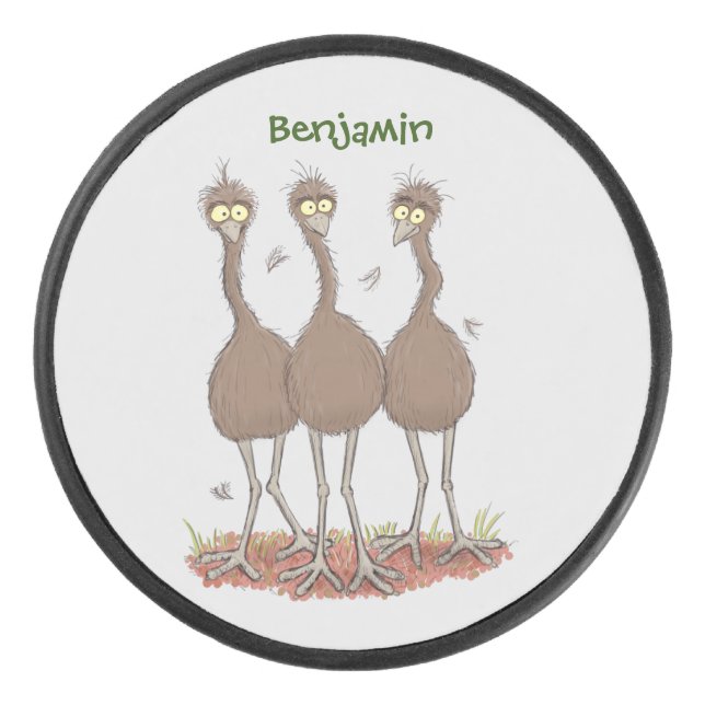 Funny Australian emu trio cartoon illustration Hockey Puck (Front)
