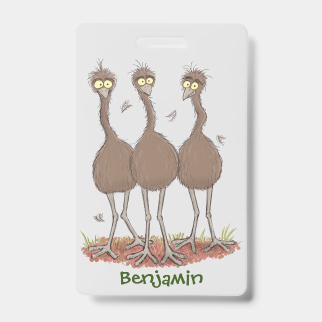 Funny Australian emu trio cartoon illustration ID Badge (Front)