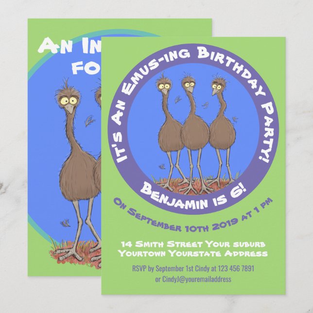 Funny Australian emu trio cartoon illustration Invitation (Front/Back)