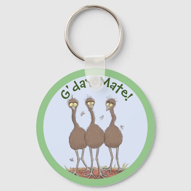 Funny Australian emu trio cartoon illustration Key Ring (Front)