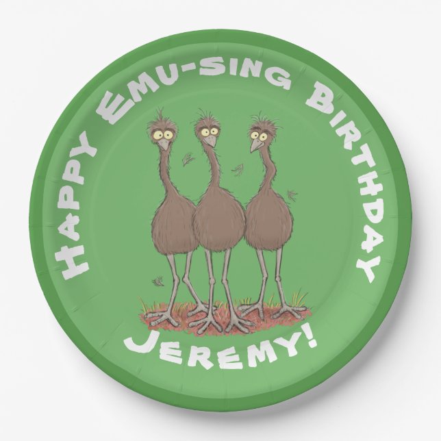 Funny Australian emu trio cartoon illustration Paper Plate (Front)