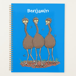 Funny Australian emu trio cartoon illustration Planner