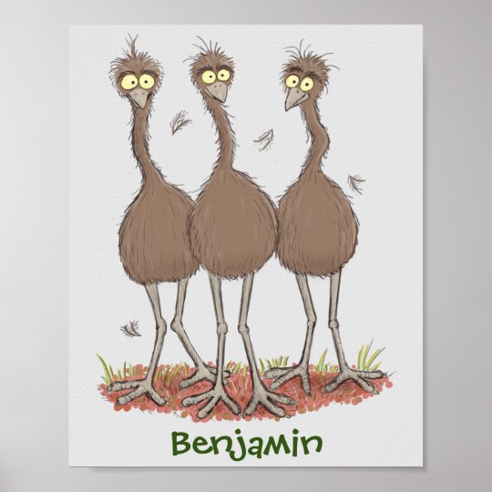 Funny Australian emu trio cartoon illustration Poster | Zazzle.co.uk