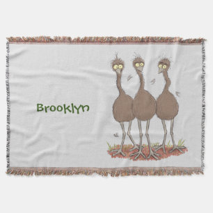 Funny Australian emu trio cartoon illustration Throw Blanket
