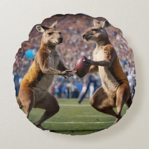 Funny Australian Kangaroos Playing Football, Round Cushion