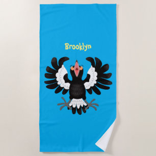 Funny Australian magpie cartoon illustration Beach Towel