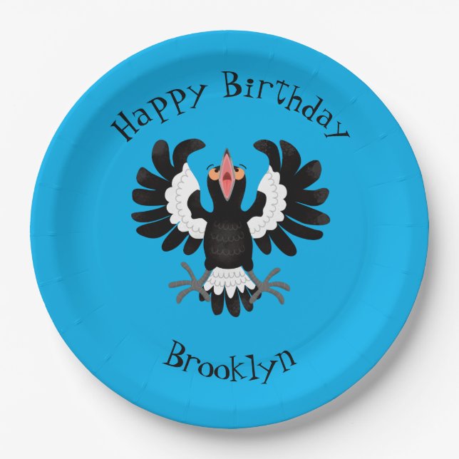 Funny Australian magpie cartoon illustration Paper Plate (Front)