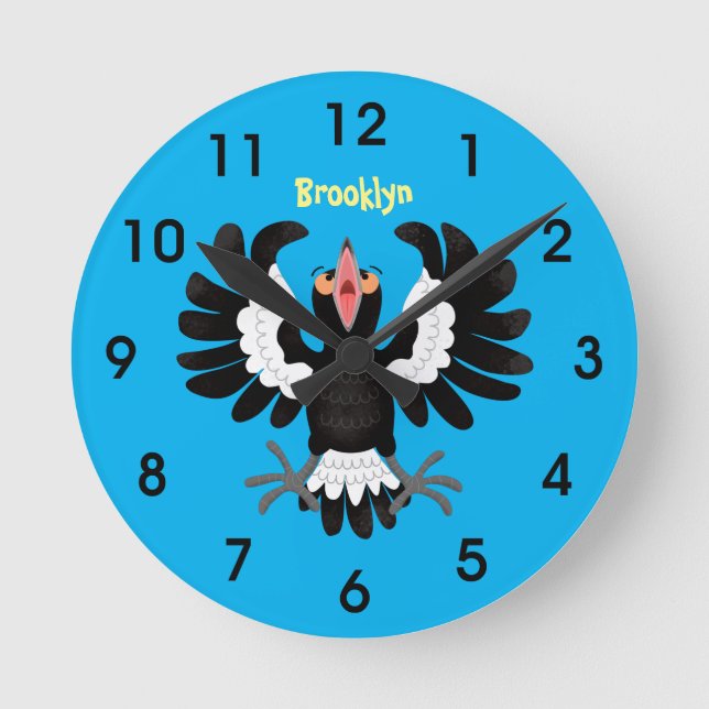 Funny Australian magpie cartoon illustration Round Clock (Front)