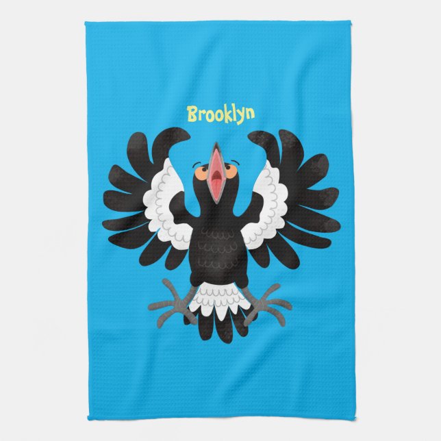 Funny Australian magpie cartoon illustration Tea Towel (Vertical)