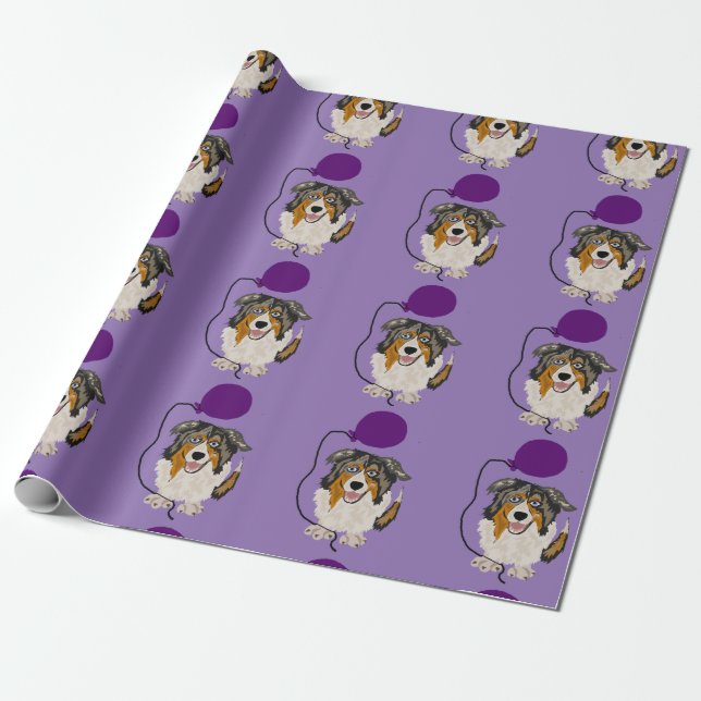 Funny Australian Shepherd Birthday Giftwrap Wrapping Paper (Unrolled)