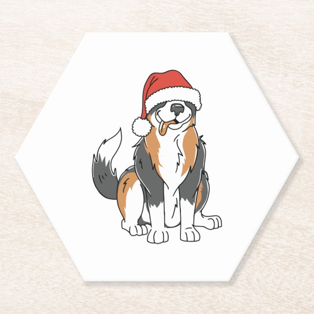 Funny Australian Shepherd Christmas Dog in Santa H Paper Coaster (Front)