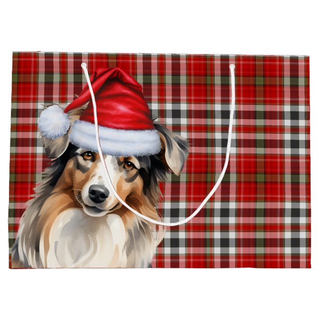 Funny Australian Shepherd Christmas Plaid Large Gift Bag (Back)
