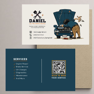 Funny Auto Mechanic Mascot QR Code Repair Car Business Card