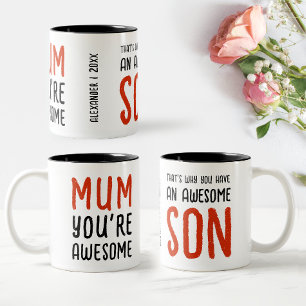 Funny Awesome Mum Son Modern Red Black Typography  Two-Tone Coffee Mug