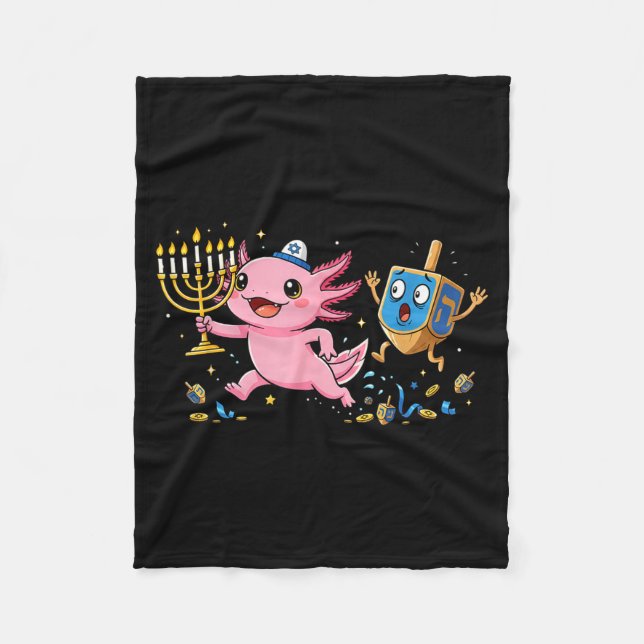 Funny Axolotl Dreidel Menorah Hanukkah Kids Womens Fleece Blanket (Front)