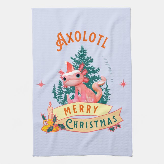 Funny Axolotl Merry Christmas Tea Towel (Vertical)