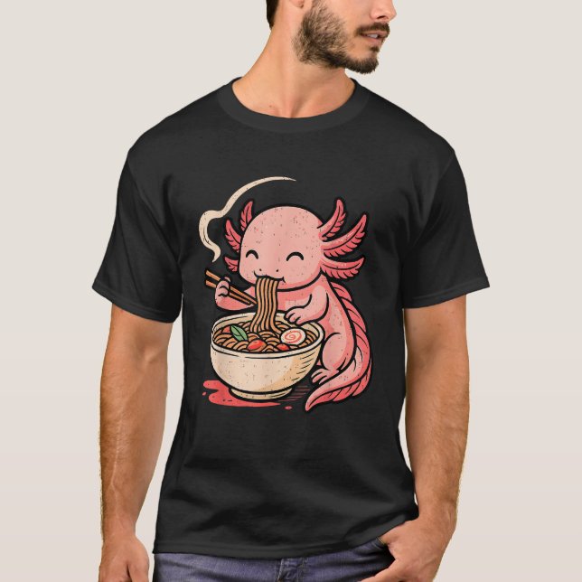 Funny Axolotl Noodle Anime Kawaii Animal Eating Ra T-Shirt (Front)