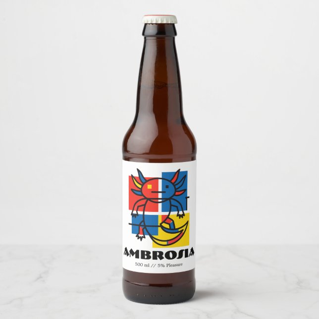 Funny Axolotl Piet Mondrian Abstract Art Pattern Beer Bottle Label (Front)