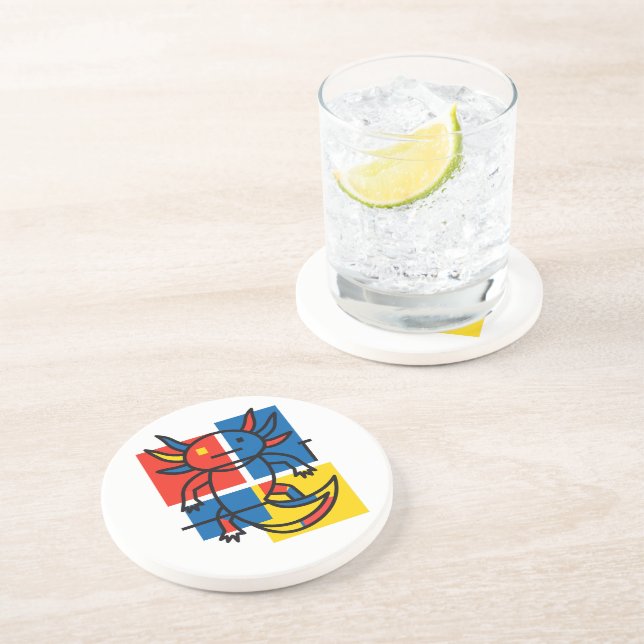 Funny Axolotl Piet Mondrian Abstract Art Pattern Coaster (Side)