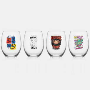 Funny Axolotl Piet Mondrian Abstract Art Pattern Stemless Wine Glass