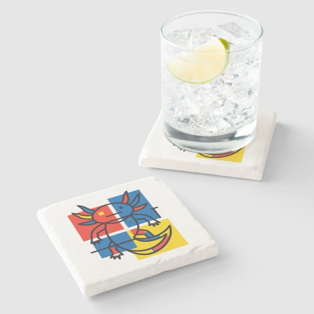 Funny Axolotl Piet Mondrian Abstract Art Pattern Stone Coaster (Side)