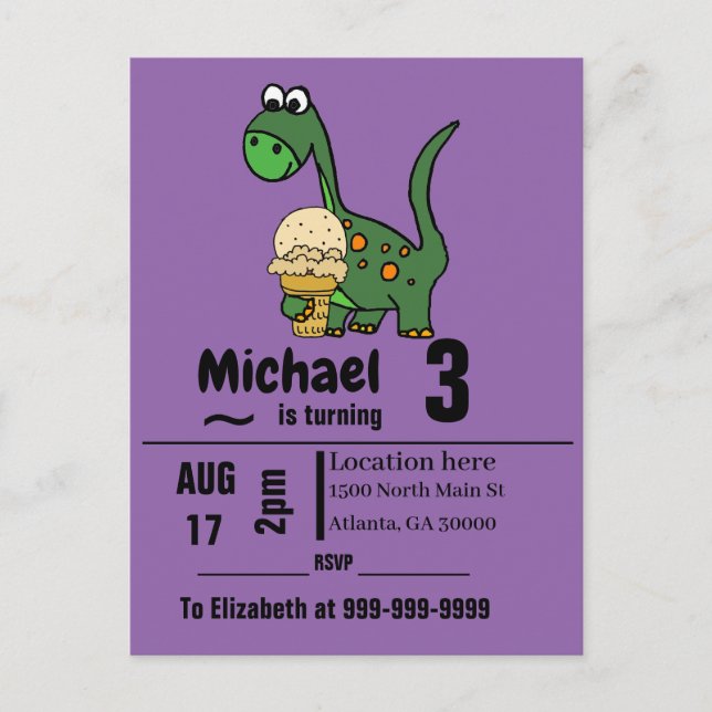 Funny Baby Dinosaur and Ice Cream Birthday Party Invitation Postcard (Front)