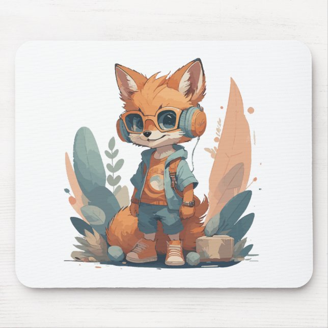 Funny baby fox headphone mouse mat (Front)