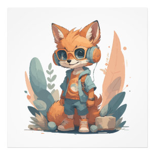 Funny baby fox headphone photo print
